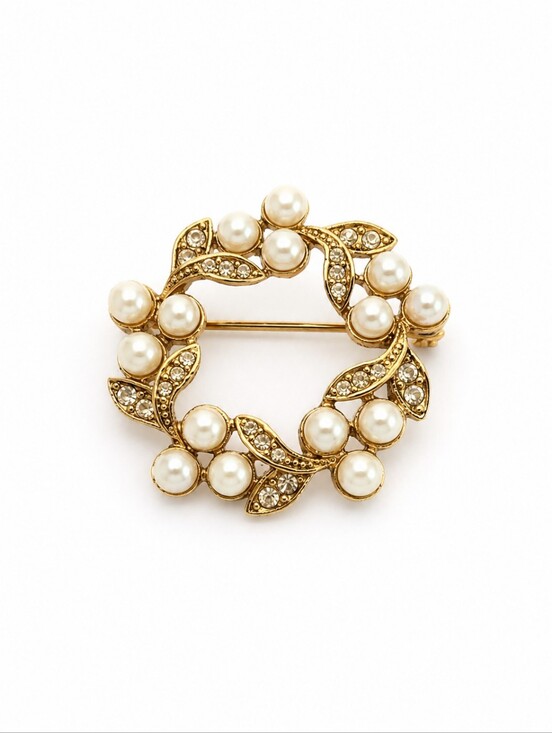 Source Unknown Jewelry - Vintage Faux Pearl Rhinestone Wreath Brooch Gold Tone Circle Pin Estate Jewelry